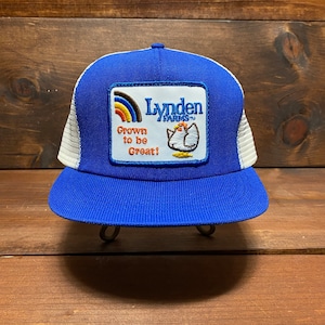 Vintage 70s Lynden Farms Trucker Hat Mesh Back Snap Back Adjustable Fit Chicken Patch VG+ Retro Logo Work Wear
