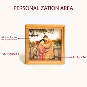 May include: A wooden framed photo with a couple embracing, the names "Lori & Sean" and the quote "let the adventure begin" are visible. The text "PERSONALIZATION AREA" and "#1 Your Photo High Resolution Photos", "#2 Names", and "#3 Quote" are also present.