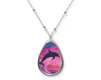 Dolphin Silver Tone Oval Necklace