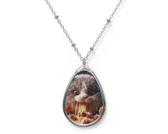 Paws and Pasta Silver Tone Oval Necklace