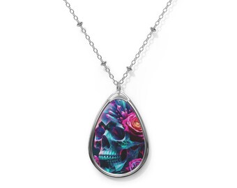 Skull Silver Tone Oval Necklace