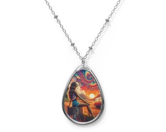 Psychedelic Silver Tone Oval Necklace
