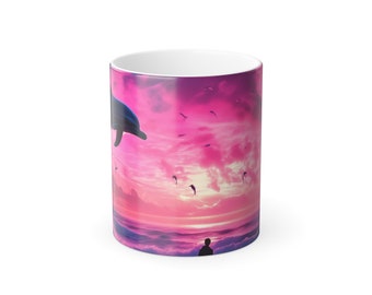 A Dolphin's Sunset Leap-Color Morphing Mug, 11oz