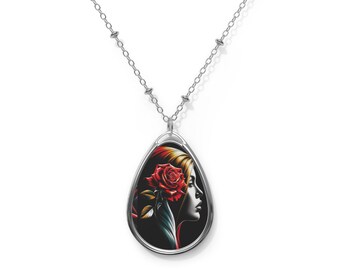 Rose In Silhoutte Silver Tone Oval Necklace