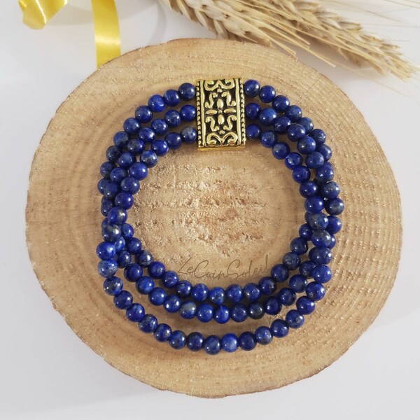 Bracelet triple rang pierres fines bleues foncées Lapis-lazuli, 4mm,création élégante et raffinée, idée cadeau femme fille soeur mère