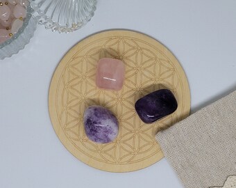 Box bien-être Lithothérapie Sommeil, pierres naturelles Améthyste, lépidolite, Quartz rose, pochette lin, fleur de vie, idée cadeau