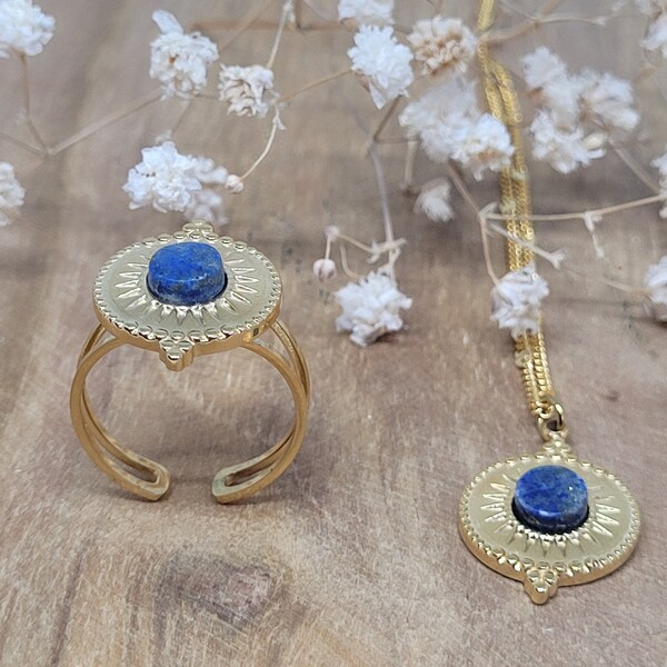 Ensemble/Parure acier inox doré collier bague pierre fine naturelle Lapis-lazuli, bohème ethnique, idée cadeau mère fille femme soeur amie