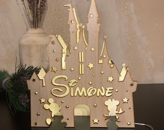 Led wooden lamp in the shape of a Castle Customizable with Name. Artisan Product 100% Made in Italy