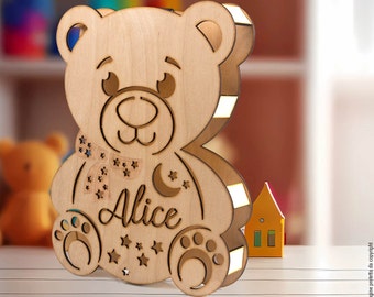 Wooden bear lamp with LED light and customizable with name. Artisan product 100% Made in Italy