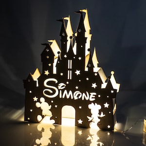 Wooden Lamp Walt Disney Castle Tribute with LED light and customizable with Name and Initial. 100% Handmade Product Made in Italy