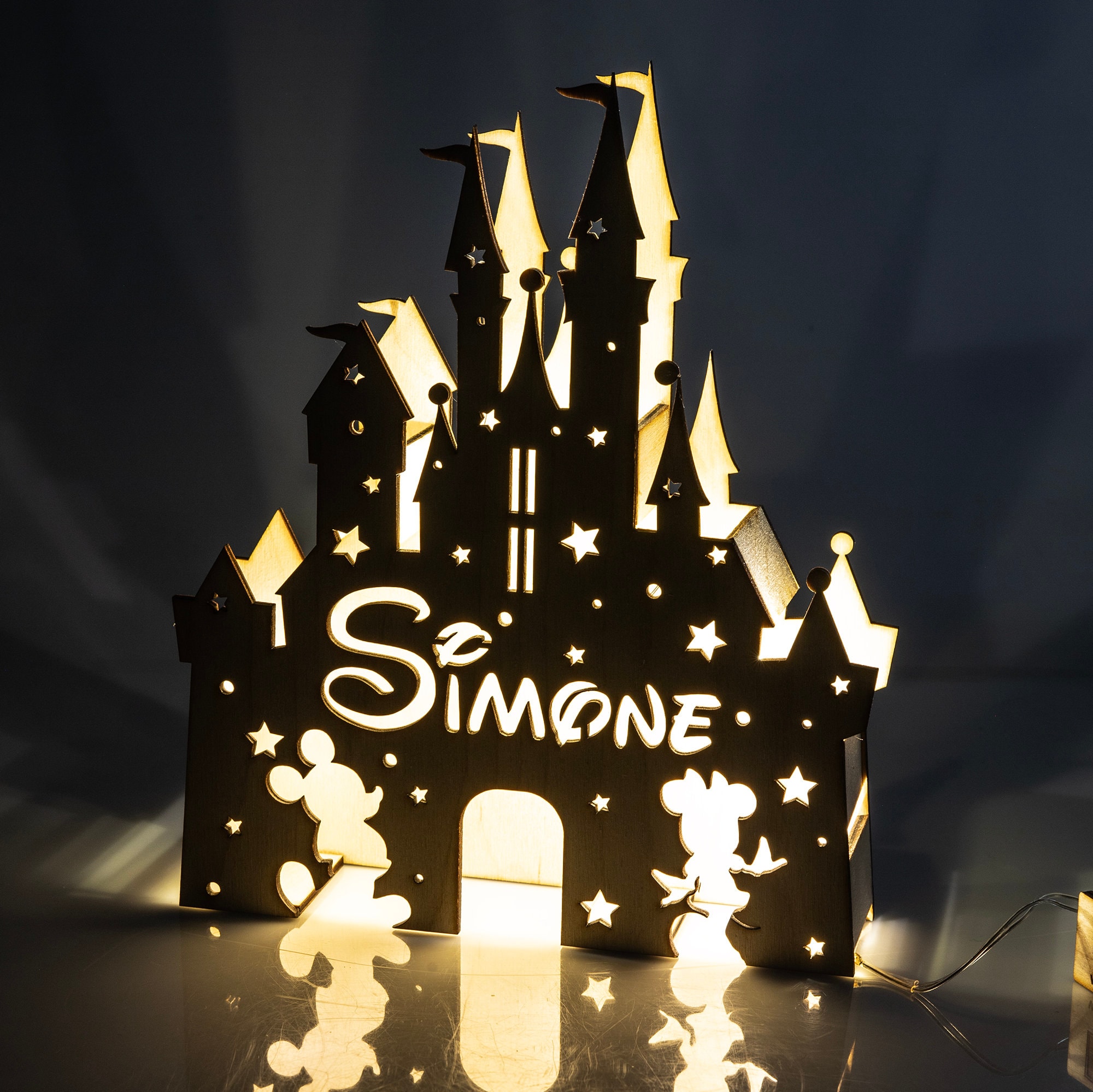 Wooden Lamp Walt Disney Castle Tribute with LED light and customizable with Name and Initial. 100% Handmade Product Made in Italy