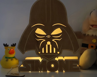 Dart Vader Star Wars Tribute wooden lamp with led light and customizable with Name and Initial. Artisan Product 100% Made in Italy