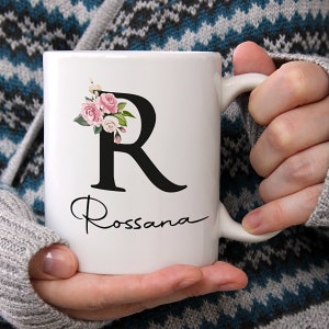 Taza de Cerámica Personalizada con Flores, Letra y Nombre, Idea de Regalo