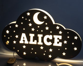 Customizable cloud-shaped led wooden lamp with personalized name. Artisan Product 100% Made in Italy