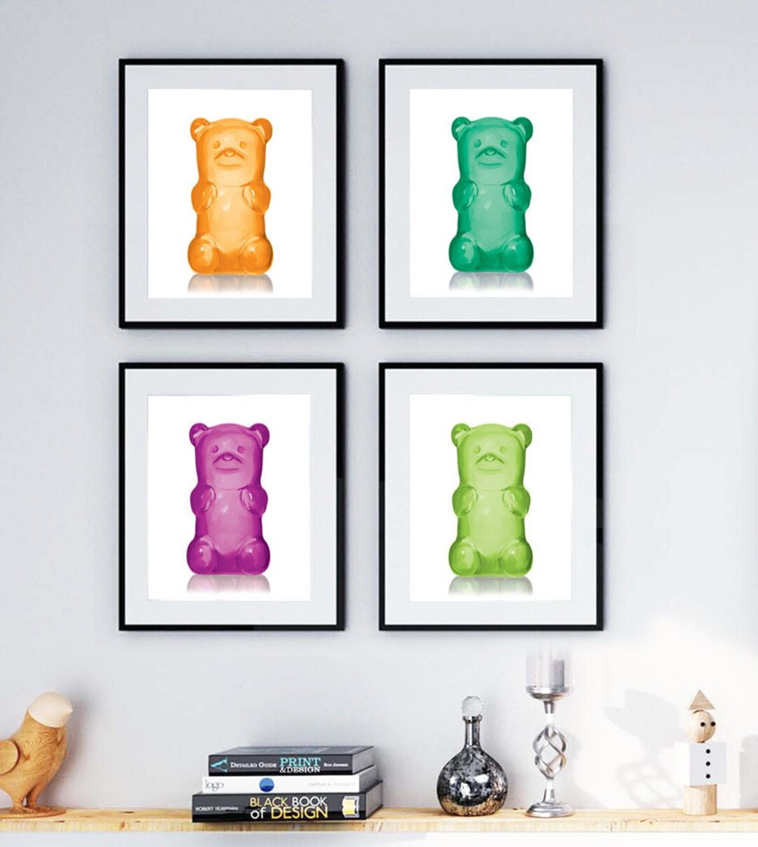 Set of 4 Gummy bear Art Print with glossy 3d effect, Watercolor Bear Wall decor, pop art