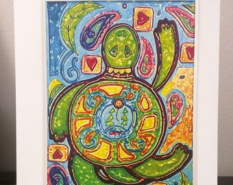 Colourful Print, Happy Swimming Turtle, Wall Art, "Love in Stride", by Indigenous Artist Annette Sullivan, Indigannette, maaskowishiiw fleur