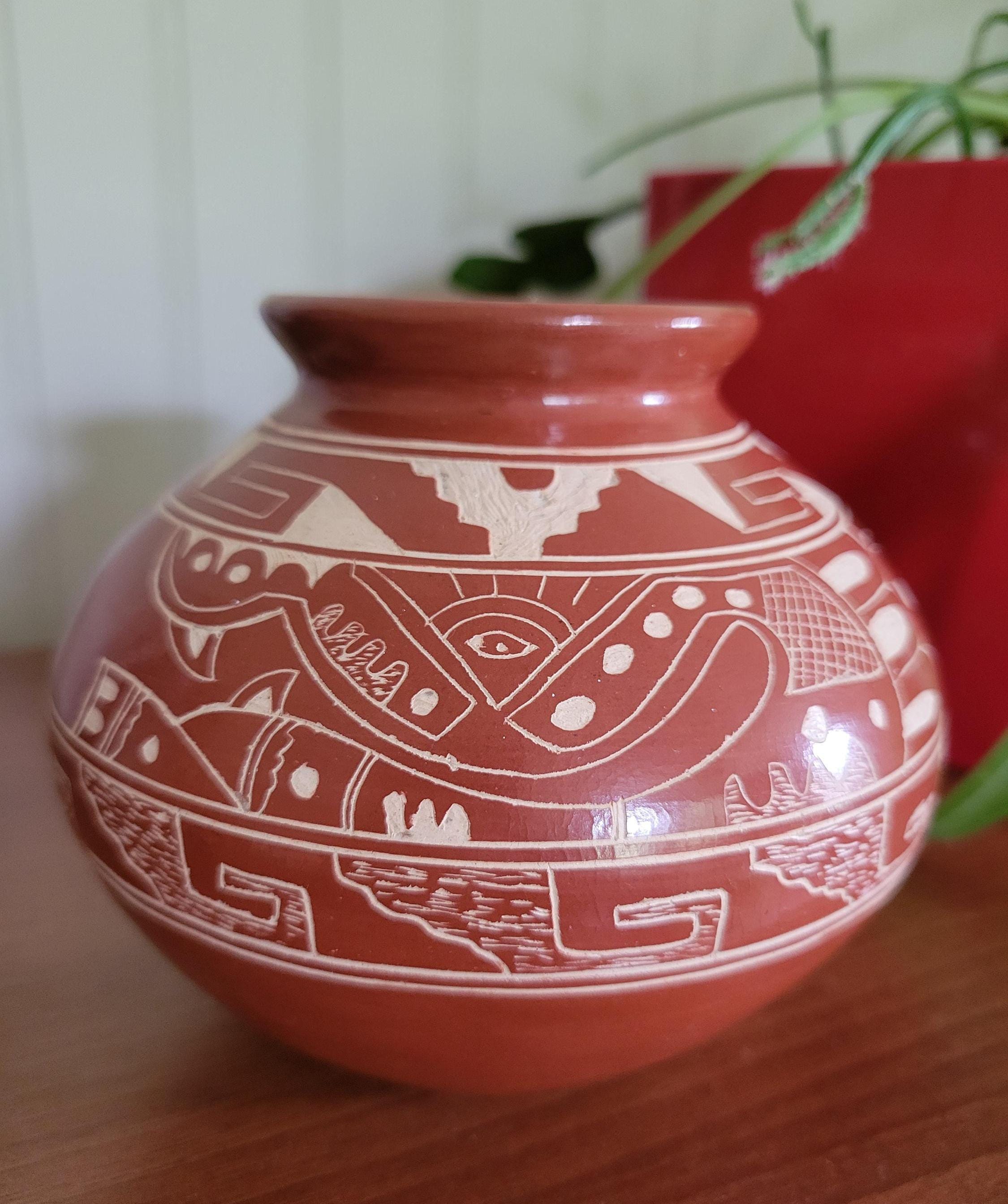 工芸品 Indian handmade pottery Vintage Planter Pot Red Clay Indian Symbols Art Pottery Vase
