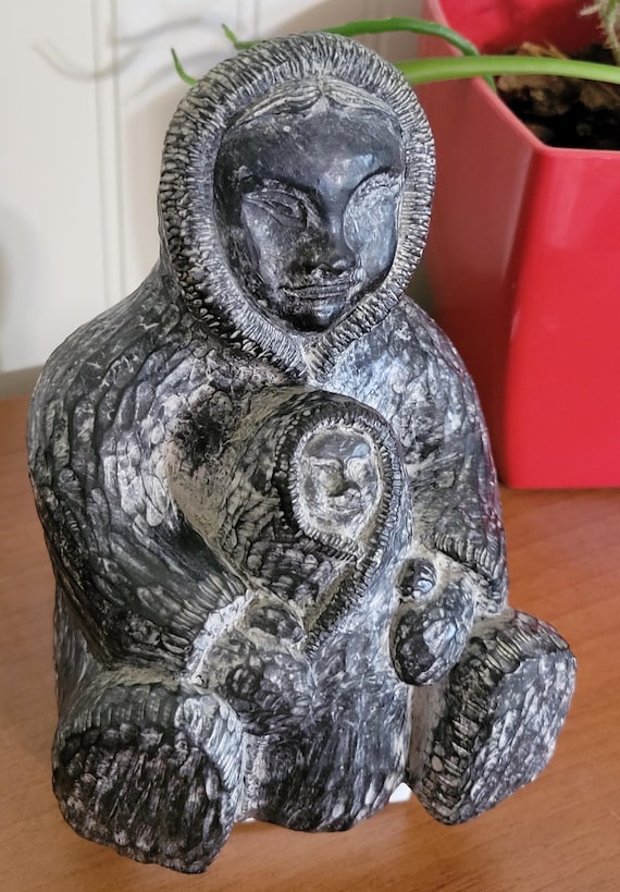 Rare Vintage Sculpture Inuit Mother & Child: Canadian Made, Nuvuk 