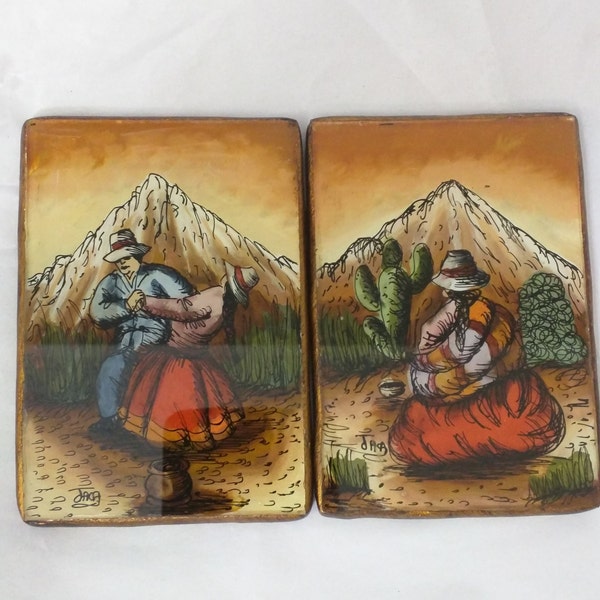 Vintage Peru Hand Painted Reverse Glass, Colourful Folk Art, Antique Wall Plaques, 1 Set Consisting of 2 Paintings; (A Pair), Artist Jaca