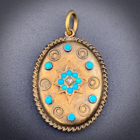 Antique 15K, Diamond & Persian Turquoise Locket B… - image 1