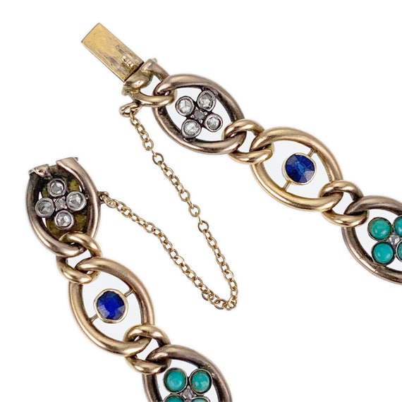 Antique 14K, Diamond, Sapphire & Turquoise Bracel… - image 3