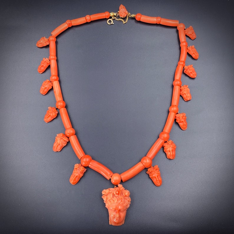 Antique 15K & Carved Coral Goddess Flora Necklace Etsy