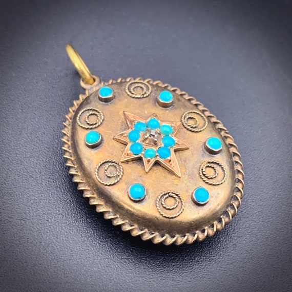 Antique 15K, Diamond & Persian Turquoise Locket B… - image 3