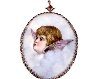 Antique Silver & Hand Painted Porcelain Angel Pendant