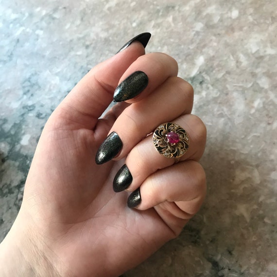 Antique Edwardian 10K, Ruby, Diamond & Enamel Ring - image 6