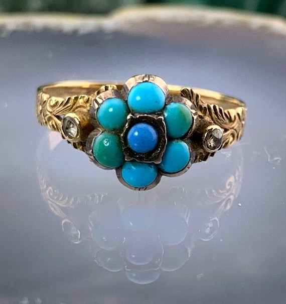 Antique 9K, Diamond Turquoise Forget Me Not Ring
