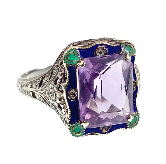 Antique Art Deco 14K, Rose De France Amethyst & E… - image 1