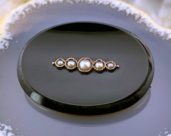 Antique 14K, Onyx & Seed Pearl Mourning Brooch