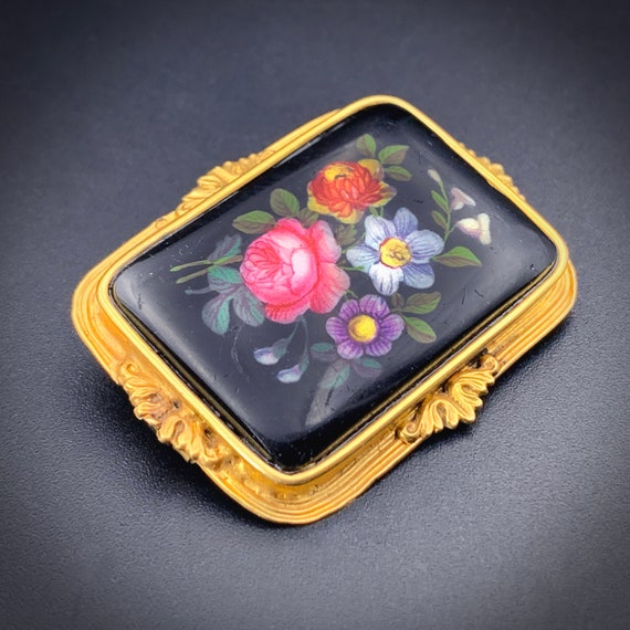 Antique 18K & Hand Painted Enamel Floral Brooch - image 2