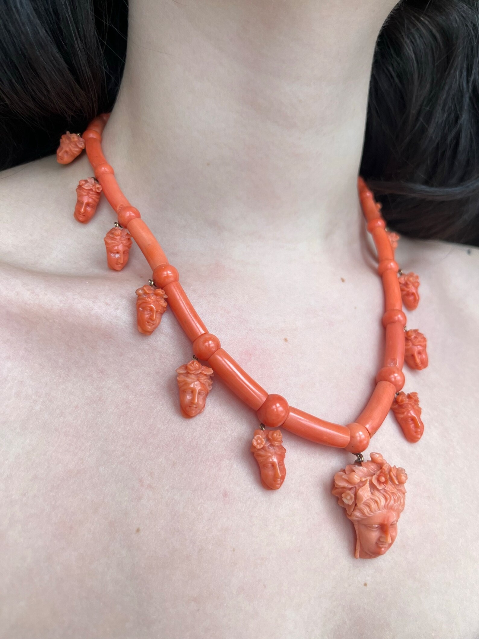 Antique 15K & Carved Coral Goddess Flora Necklace Etsy
