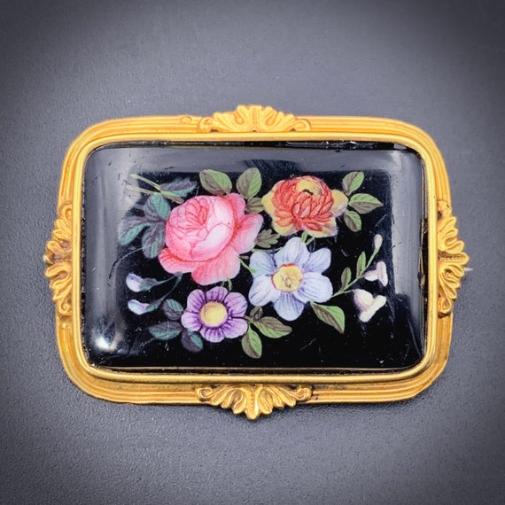 Antique 18K & Hand Painted Enamel Floral Brooch - image 1