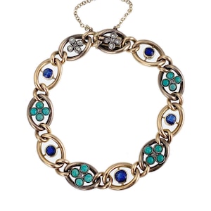 Antique 14K, Diamond, Sapphire & Turquoise Bracelet
