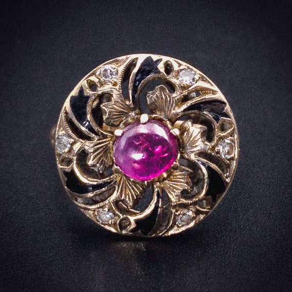 Antique Edwardian 10K, Ruby, Diamond & Enamel Ring - image 1