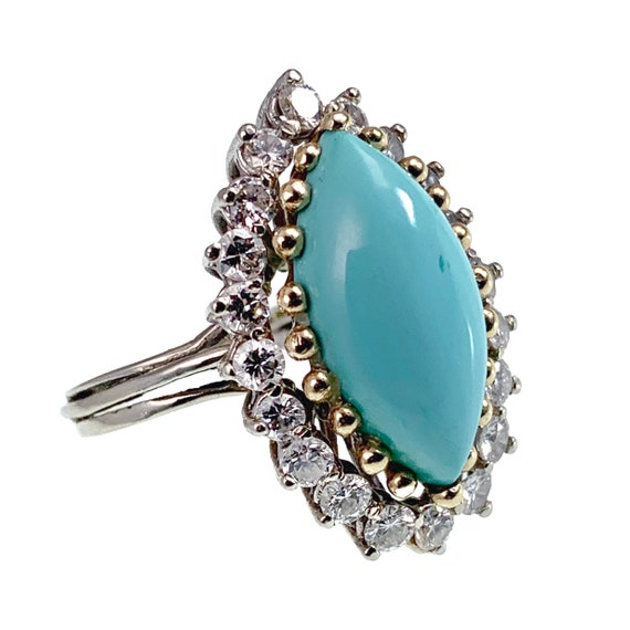 Vintage 14K, Diamond & Turquoise Cocktail Ring - image 2