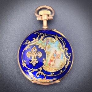 Antique 14K, Diamond & Hand Painted Enamel Pocket Watch