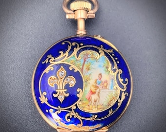 Antique 14K, Diamond & Hand Painted Enamel Pocket Watch
