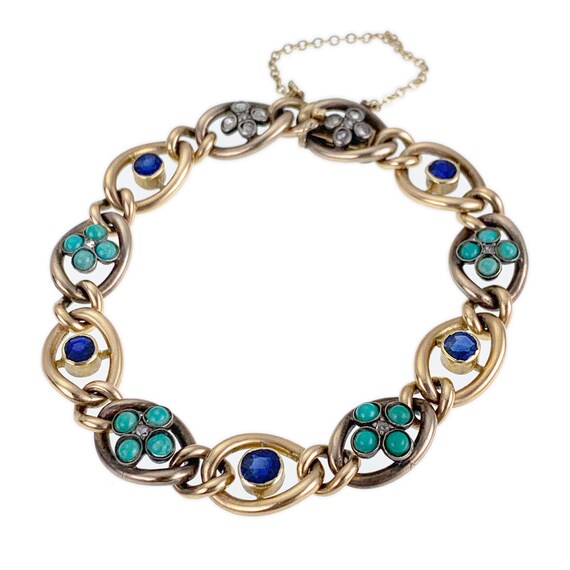 Antique 14K, Diamond, Sapphire & Turquoise Bracel… - image 4