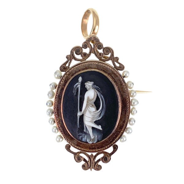 Antique 18K Rose Gold, Seed Pearl & Carved Cameo Brooch/Pendant