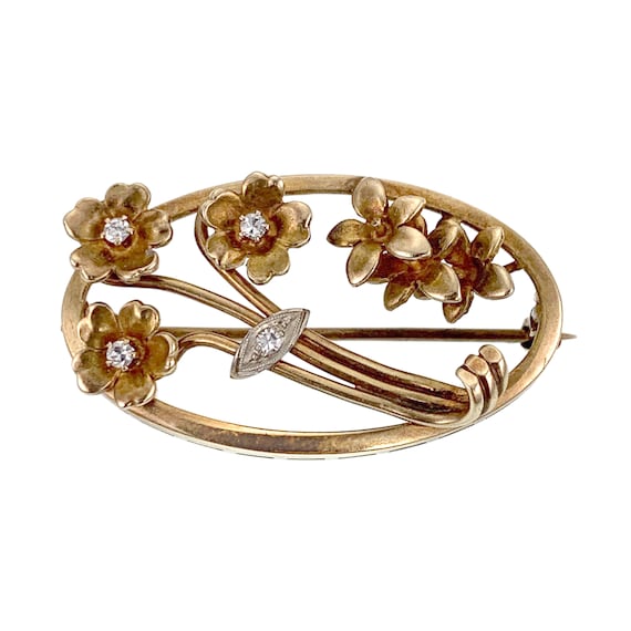 Antique 14K & Diamond Floral Brooch