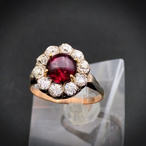 Antique 14K Gold Silver Diamond Almandine Garnet Cabochon Ring circa 1910-20