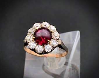Antique 14K Gold Silver Diamond Almandine Garnet Cabochon Ring circa 1910-20