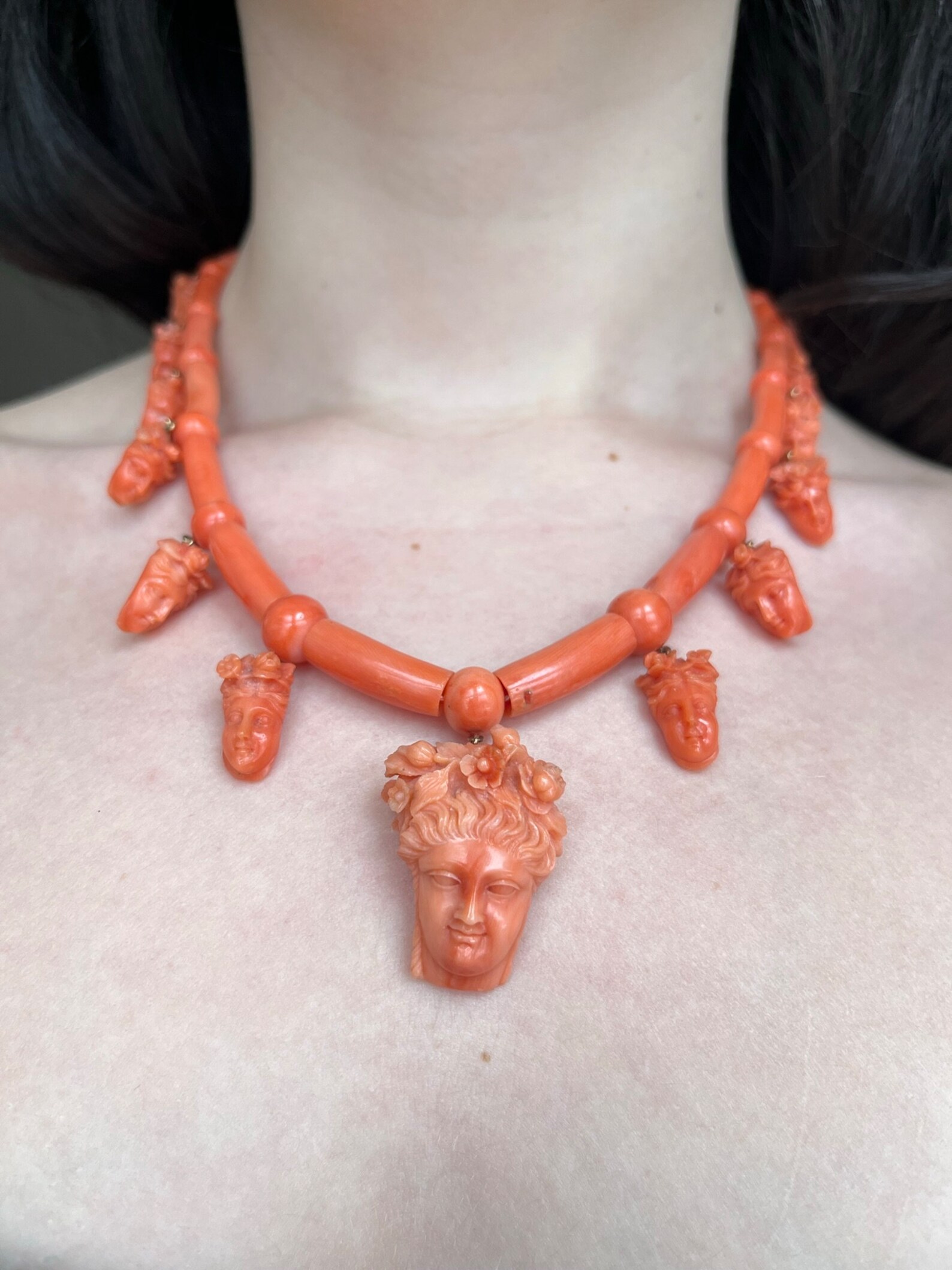 Antique 15K & Carved Coral Goddess Flora Necklace Etsy