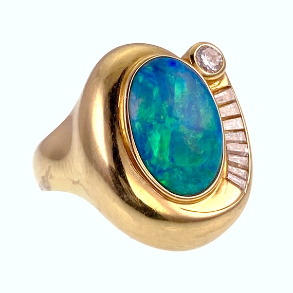 Vintage 18K, Black Opal & Diamond Ring - image 2