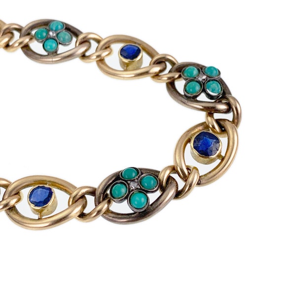 Antique 14K, Diamond, Sapphire & Turquoise Bracel… - image 2