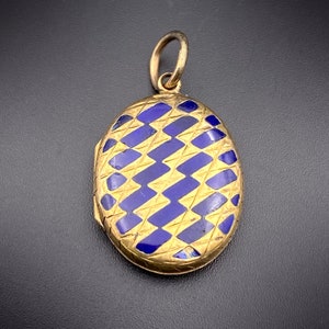 Antique 9K &quot;Back and Front&quot; & Blue Enamel Mourning Locket With Hair Under Glass