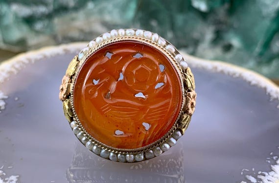 Bague Art Déco Années 1930 - Cornaline, Agate, Argent Massif, Poinçon Crabe